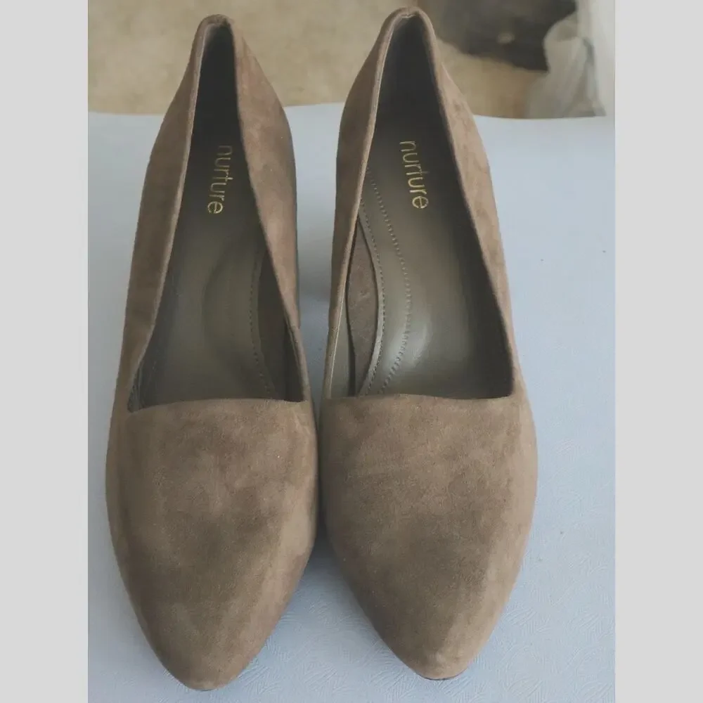 Nurture TAUPE Suede Leather Pumps Pointed Toe Block Heel 8.5 Corporate Comfort
